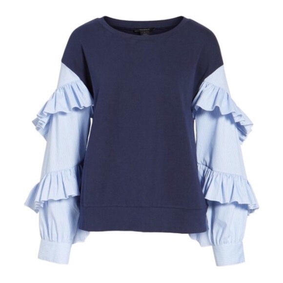 Halogen Striped Ruffle Poplin Sleeve Sweatshirt XS - Picture 2 of 8